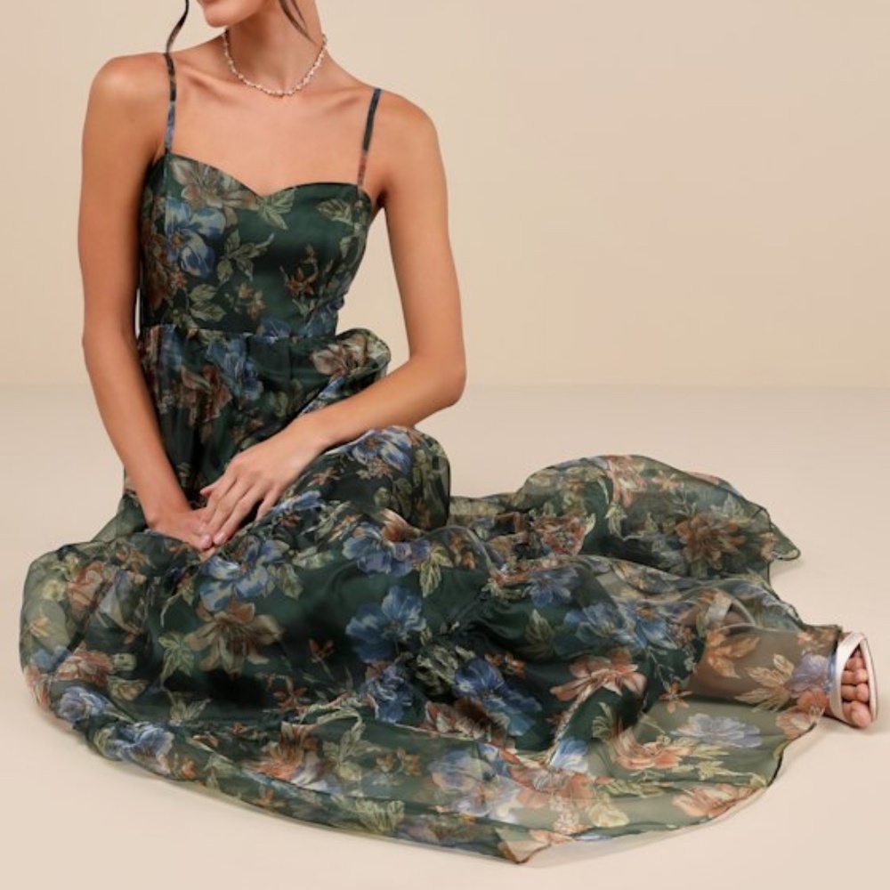 Lulus Exclusive Glamour Green Floral Organza Tiered Maxi Dress - Size S